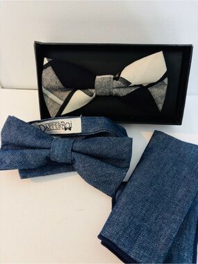 Dapper Boi Blue Denim Bow Tie Set with Black & White Plaid Accent